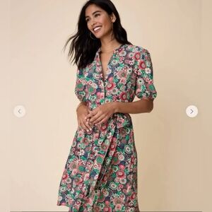 UNTUCKit Size 4 Pink Blue Green Floral Pattern Puff Sleeve Button Up Midi Dress